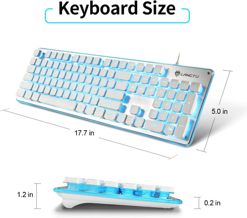 LANGTU LED Computer Keyboard, USB Wired Keyboard for Gaming and Office, All-Metal Panel 104 Keys Quiet Membrane Keyboard with Blue Backlit - L2 Wh...