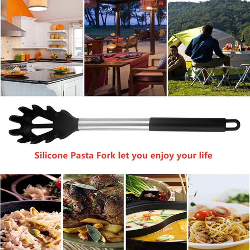 Silicone Pasta Fork,Spaghetti Spoon Kitchen High Heat Resistant Noodle Spoon Server,Food Grade Pasta Spoon with Stainless Steel Handle (Black)...
