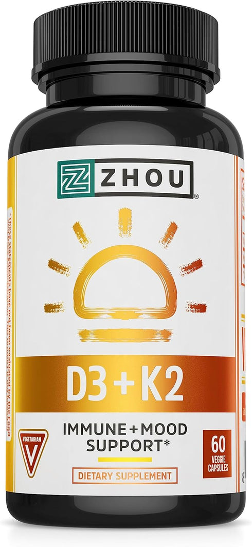 Zhou Nutrition Vitamin D3 K2, Bone and Heart Health Formula 5000 IU Vitamin D3 & 90 mcg Vitamin K2, Max Strength 2 in 1 Immune Support and Calcium...