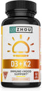 Zhou Nutrition Vitamin D3 K2, Bone and Heart Health Formula 5000 IU Vitamin D3 & 90 mcg Vitamin K2, Max Strength 2 in 1 Immune Support and Calcium...