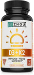 Zhou Nutrition Vitamin D3 K2, Bone and Heart Health Formula 5000 IU Vitamin D3 & 90 mcg Vitamin K2, Max Strength 2 in 1 Immune Support and Calcium...