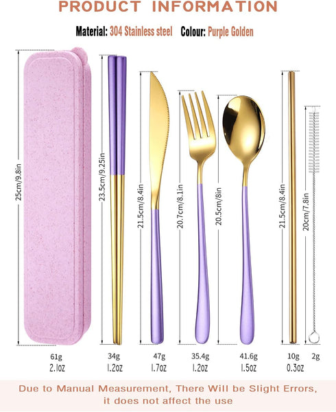 AARAINBOW 6 Pieces 18/8 Stainless Steel Flatware Set Portable Reusable Cutlery Set Travel Utensils Set Including Chopsticks Knife Fork Spoon Straw...