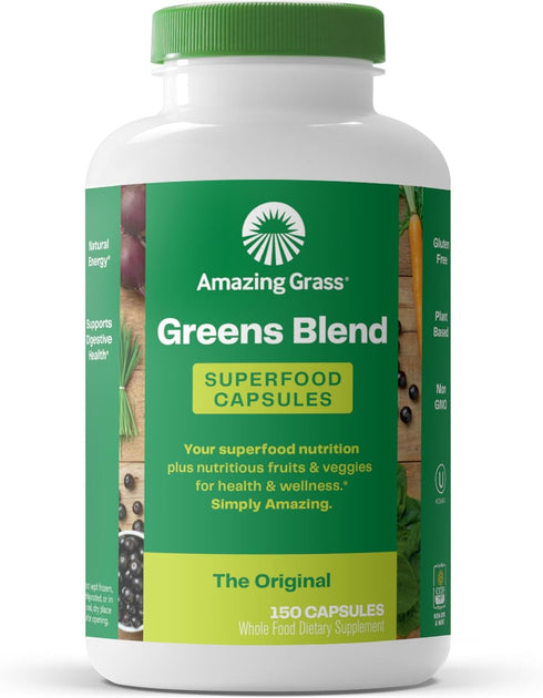 Amazing Grass Greens Blend Superfood Capsules: Super Greens with Organic Spirulina, Chlorella, Beet Root Powder, Digestive Enzymes & Probiotics, 1...
