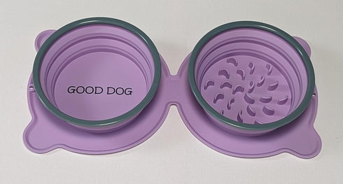 Good Dog Collapsible Double Dog Bowls, Durable Reinforced Rims, Travel Food and Water Bowls, Collapsible Slow Feeder Bowl, Attached No-Spill and A...