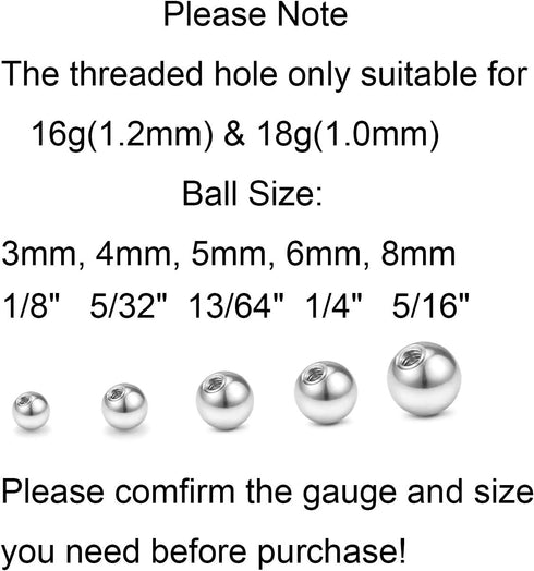 QWALIT 16gauge 14gauge Stainless Steel Replacement Balls for Lip Studs Labret Earrings Piercing Jewelry Septum Rings Externally Threaded Plastic B...