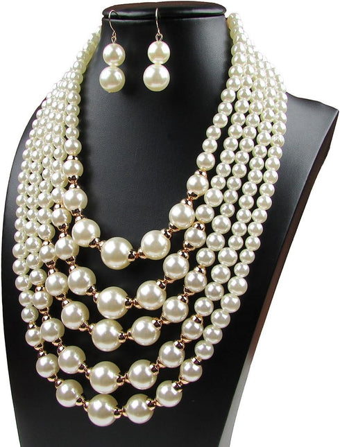 Women Elegant Pearl Jewelry Bead Cluster Collar Bib Choker Necklace and Earrings Set (Ivory)...