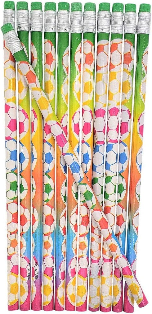 Fun Soccer Ball Print Colorful Pencils with Eraser Top (7.5" Standard size) Euro Football Design. #2 Lead. Unsharpened. Made of Wood. (24)...