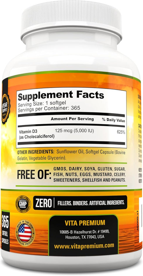 Vitamin D 5000 IU, 365 Easy to Swallow Softgels, High Strength Vitamin D3 5000 IU Supplement - Full Year Supply...