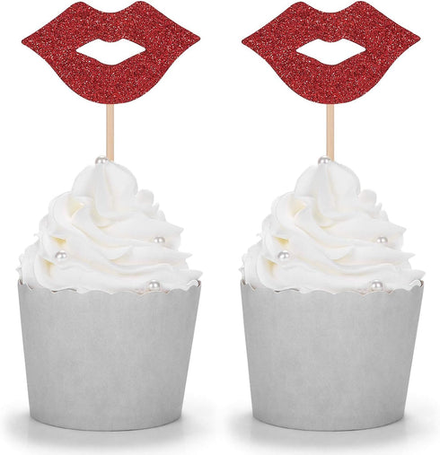 24 Red Lip Cupcake Toppers Bachelorette Party Picks Hen Night Bridal Shower Decorations...