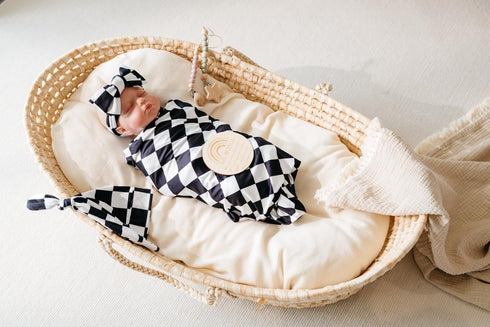 Little Jump newborn swaddle set with Matching Hat and Bow Set, Wooden Birth Announcement Card, Soft Stretchy swaddle blankets announcement outfit ...