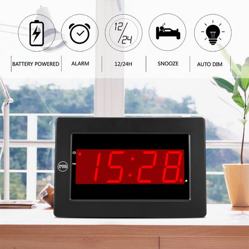 Digital Wall Clock Battery Operated - LED Display Digital Alarm Clock Battery Powered Only, Brightness Adjustable, 12/24Hr...