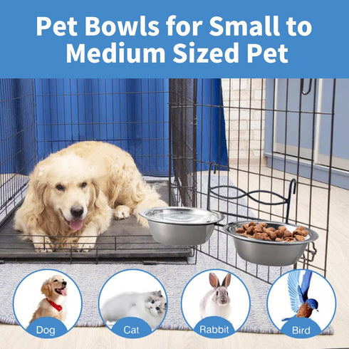 Anti-Slip Dog Bowls, 2 Pack Stainless Steel Dog Bowl Hanging on Cage, Pet Water and Food Bowls for Cats and Dogs, Dry and Wet Foods, with Non-Slip...
