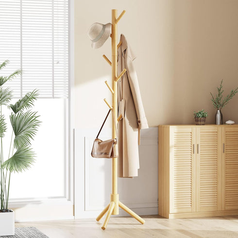 Pipishell Coat Rack Sturdy Wooden Coat Rack Stand, Adjustable Coat Tree, Free Standing Tree Hanger with 4 Sections & 8 Hooks, for Home/Bedroom/Off...