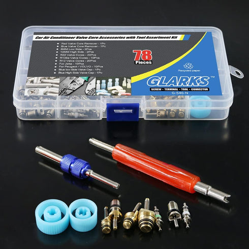Glarks 78Pcs Car Air Conditioner Valve Core Schrader Valve Cores Accessories A/C R12 R134a Refrigeration Tire Valve Stem with Double Head Remover ...