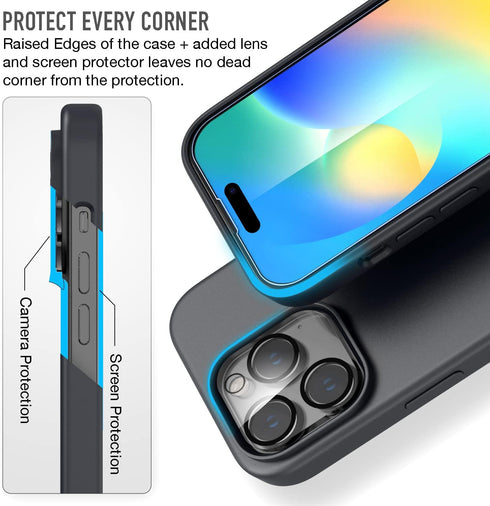 Trianium [6 in 1 Designed for iPhone 14 Pro Max Case Silicone (Black), with 3 Pack Screen Protector + 2 Pack Camera Lens Protector, Bundle Protect...