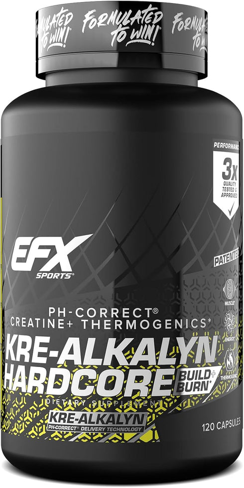EFX Sports Kre-Alkalyn Hardcore | Thermogenic pH Correct Creatine Monohydrate Pill Supplement | Energy & Strength Pre Workout | 40 Servings, 120 C...