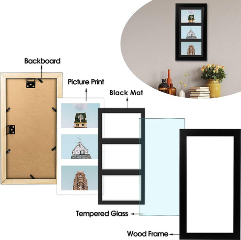 Golden State Art 7x14 Wood Frame for Three 4x6 Picture - Black with 3-Opening Black Mat Color - Portrait or Landscape Wall Mounting - Sturdy and E...