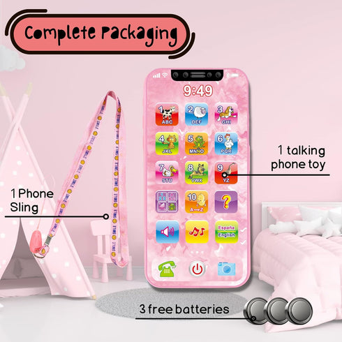 Baby Phone Toy English & Spanish Learning for Toddlers 1 2 3 Years Old, Learn Spanish ABC Numbers Animal Sounds, Interactive Bilingual Cellphone T...