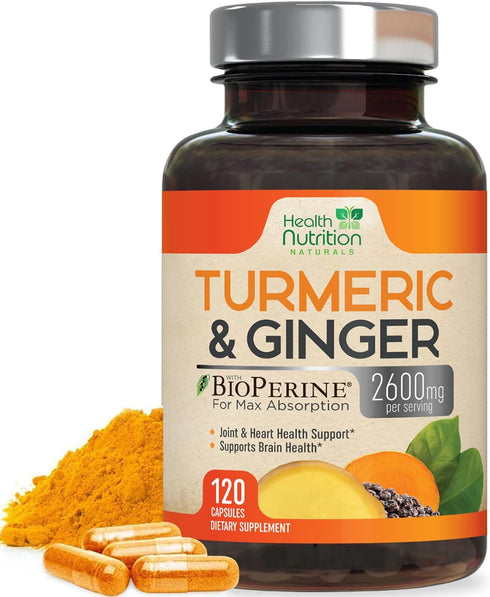 Turmeric Curcumin with BioPerine & Ginger 95% Curcuminoids 2600mg - Natural Joint & Heart Support, Black Pepper for Max Absorption - Health Nutrit...