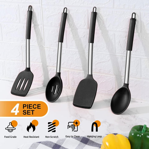 E-far Cooking Utensils Set of 4, Silicone Kitchen Utensils for Non-stick Cookware, Heat Resistant & Non-toxic Slotted Spatula Solid Spoon Turner f...