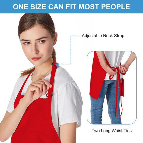 2 Pack 3 Pockets 100% Cotton Adjustable Bib Apron Chef Kitchen Cooking Aprons for Women Men, Red...