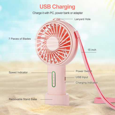 IPOW Mini Handheld Fan Personal Portable Fan 3 Speed Adjustable Angle Removable Base Lanyard USB Recharging Battery Operated Small Desk Cooling Fa...