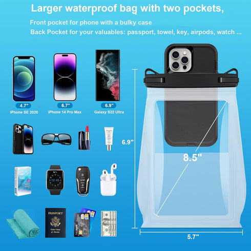 Large Waterproof Phone Pouch Floating, Waterproof Phone Case for iPhone 15 14 Pro Max 13 12 Plus 11 XS XR X Samsung up to 8.5'', IPX8 Water Proof ...
