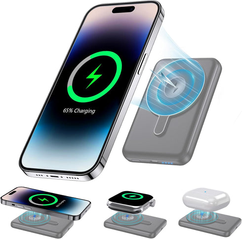 kurdene Wireless Portable Charger, 3 in 1 Magnetic Power Bank Compatible with iWatch Charger,5000mAh Mag-Safe Batteries Pack,Compatible with iPhon...