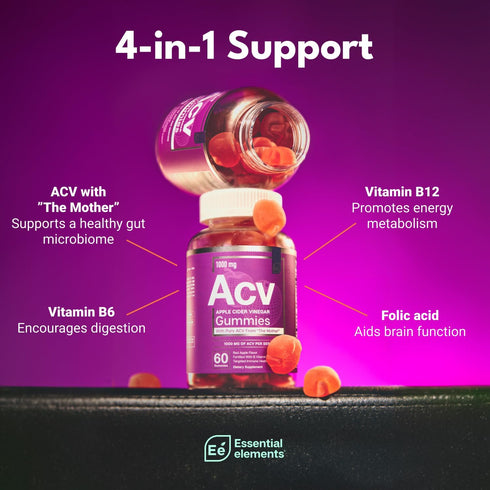 Essential Elements Apple Cider Vinegar Gummies from The Mother - Naturally-Sourced, Vegan ACV with Folic Acid and Vitamin B6 & B12 60 Count...