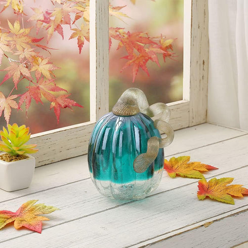 Glitzhome Hand Blown Crackle Glass Pumpkin Elegant Table Accent for Fall Harvest & Thanksgiving Decorating Turquoise 5.52 Inch...