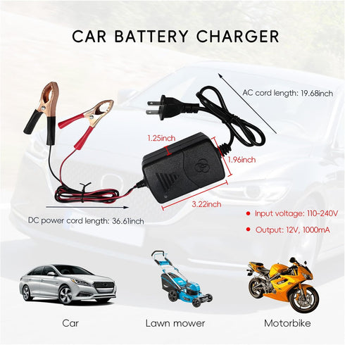 Car Battery Charger, 12V Multipurpose Lead Acid Automotive Charger with Crocodile Clip and Power Indicator, Smart Vehicle Battery Charger for Car,...