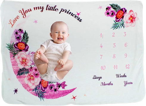 Baby Milestone Blanket Girl- Floral and Moon Design, Baby Girl Gifts, Nursery Decor Baby Shower, Newborn Baby Blanket, Baby Growth Chart Blanket, ...