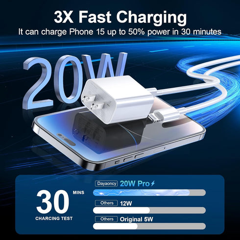 Dayaoncy for Phone Charger Fast Charging, Upgarded 20W USB C Wall Charger with 3Pack 10FT USB C to Lightning Cable, Phone Cable Fast Charging Comp...