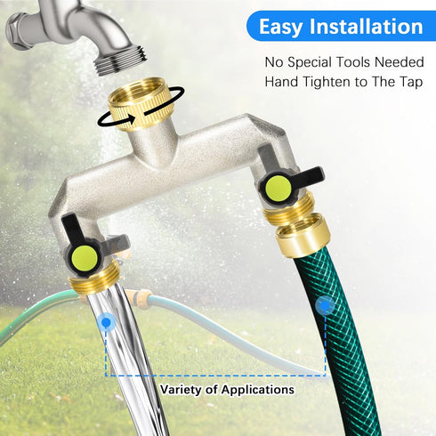 Brass Garden Hose Splitter - Water Hose Splitter 2 Way Heavy Duty, Outdoor Faucet Splitter with Shut Off Valves, Hose Bib Adapter and Spigot Conne...