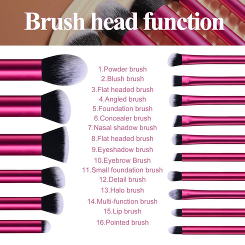 BS-MALL Makeup Brushes 16 Pcs Purple Short Handle Travel Makeup Brus Set with 1 Triangle Puff (HotPink)...