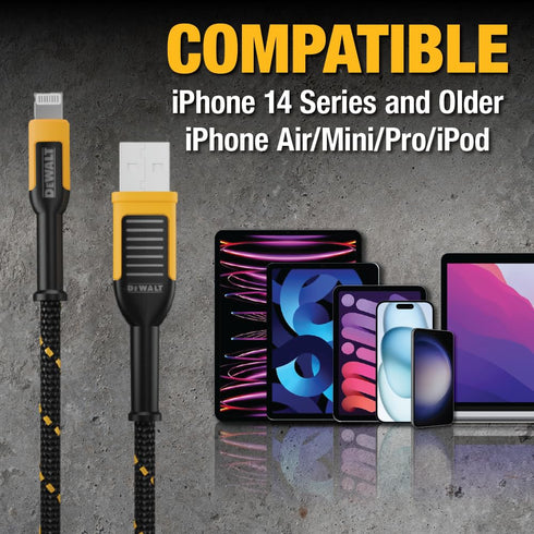 DEWALT Lightning to USB Cable — Reinforced Braided Cable for Lightning — Charger Cord Compatible with iPhone — Apple Compatible Charging Cable — 1...