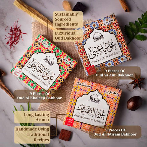 Oud Ya Aini, Oud Al Khaleeji, Oud Al Ibtisam Bakhoor by Dukhni | 3 x 9 Piece Each | Assorted Arabic Bakhoor Incense | Perfect to Relax, Meditate &...