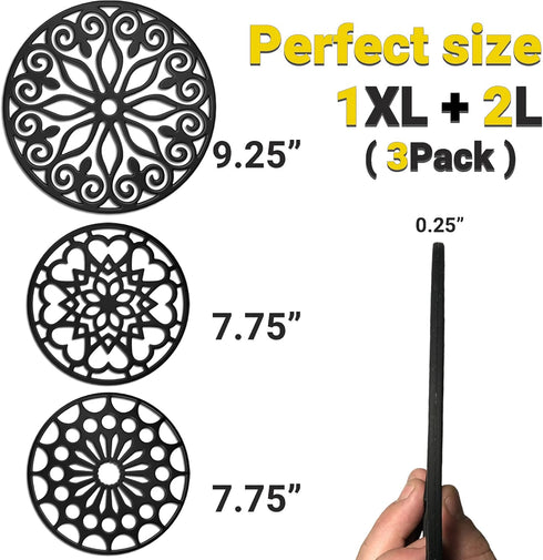 3 Set Silicone Trivet Mats with 1 Extra Large Included | Intricately Carved Insulated Flexible Durable Non Slip Thick Round Premium Trivets for Ho...