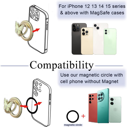 Magnetic Phone Ring Holder Compatible with MagSafe Phone Grip Kickstand for Magsafe Cases with Magnetic Adapter Circle, Adjustable Angle Butterfly...