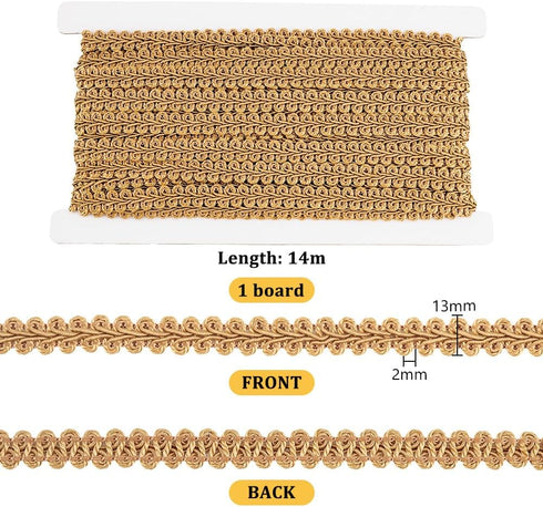 PH PandaHall 15 Yards Golden Gimp Braid Trim 1/2 inch Gold Polyester Woven Fabric Lace Upholstery Trim for Sewing Costume DIY Crafts Upholstery Cu...