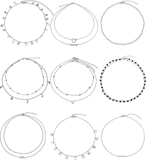 BBTO 9 Pieces Women Girls Layered Choker Necklace Sliver Layered Pendant Choker Jewelry Set (Style 1)...