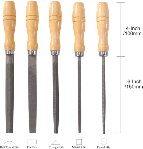 High Carbon Steel File Set with Wooden Handles Rasp File for Metal, Wood, Plastic, 5 Pieces...