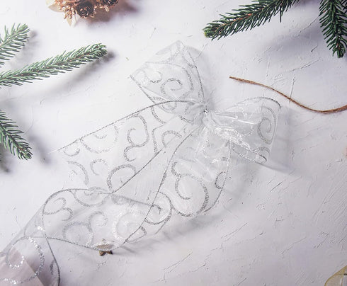 CT CRAFT LLC Organza with Silver Glitter Swirls Wired Ribbon 2.5 inch x 50 Yards for Christmas Home Decor Tree Topper Bow Gift Wrapping DIY Crafts...