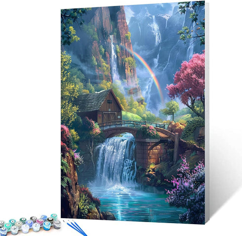 Tropical Mountain Forest Paint by Numbers Kits 16x20 inch Canvas Waterfall with Rainbow DIY Oil Painting for Kids, Adults Beginner Wooden House Pa...