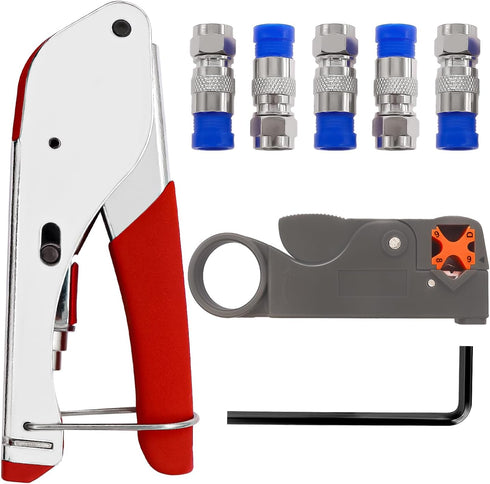 mxuteuk RG59 RG6 Coax Cable Crimper Tool Coaxial Compression Tool Fitting Wire Stripper With 5PCS F Type RG6 Compression Connectors...
