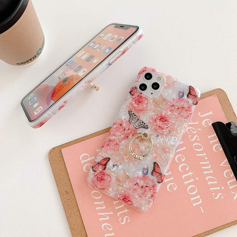 Qokey for iPhone Xs Max Case 6.5 inch,Clear Flower Design Cute Fashion for Women Girls with 360 Degree Rotating Ring Stand Holder Kickstand Soft T...