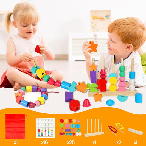 Montessori Toys for 2 3 4 Year Old Wooden Shape Matching Game & Lacing Beads Preschool Learning Activities Fine Motor Skills Toys Sorting Stacking...