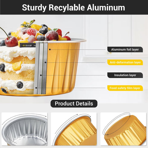 EUSOAR Disposable Ramekins Aluminum Foil, Gold 25Packs 5oz Baking Cups with Lids Mini Muffin Liners, Dessert Cheesecake Pan Creme Brulee Cupcake C...