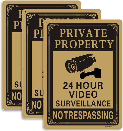 3 Pack Private Property No Trespassing Sign, 24 Hours Video Surveillance Warning Sign | 10" x 7" Rust Free Aluminum Easy Mounting Fade Resistance....