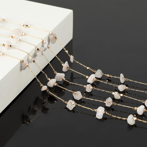 KYUNHOO 16.4 Feet Handmade Raw Stone Chain Links Gold Plated Chain for Jewelry Making White Natural Gemstone Chain Roll Brass Craft Chains with Ju...